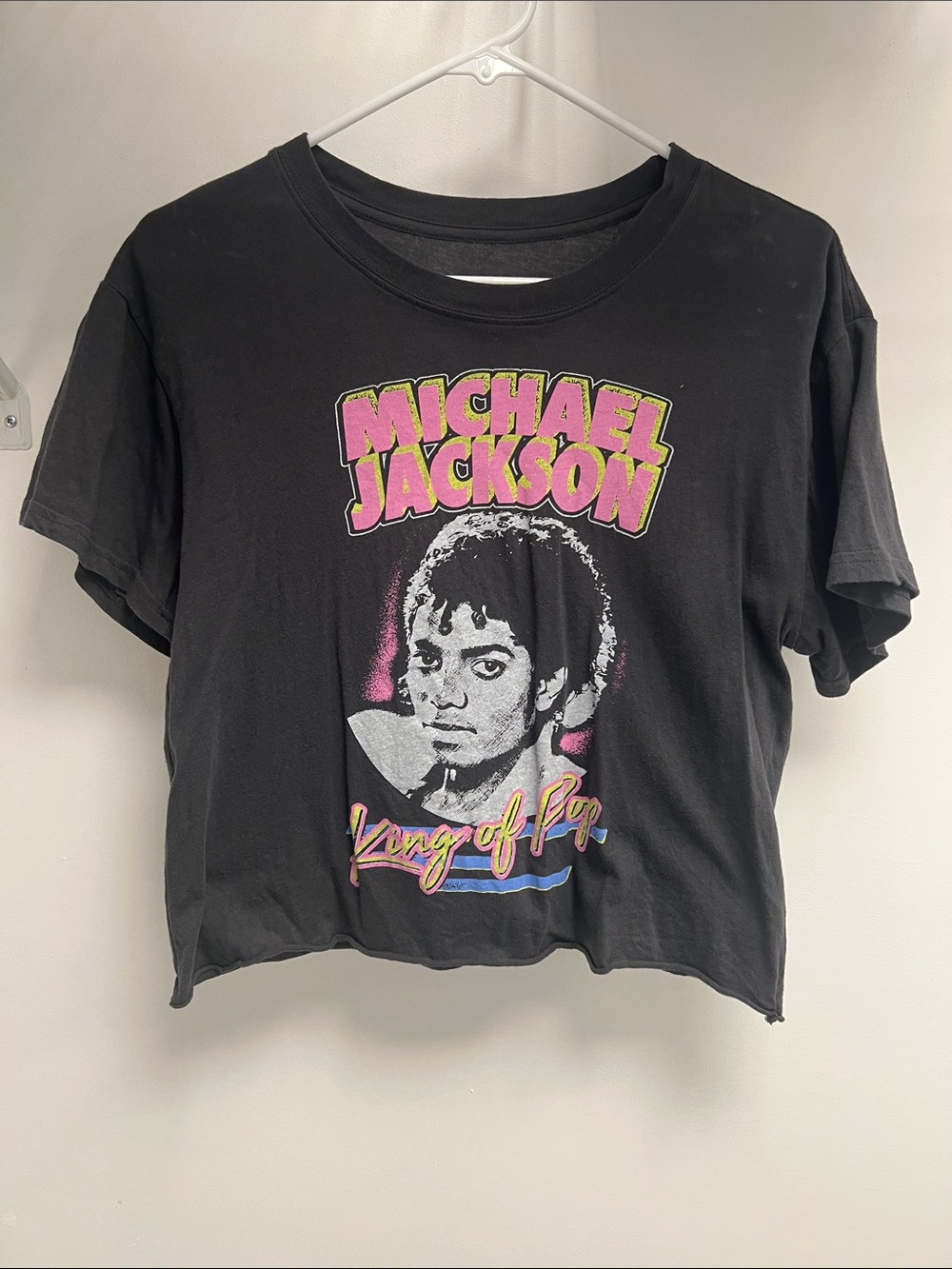 Mighty Fine Black Michael Jackson Graphic Crop Top with Pink and Yellow Logo